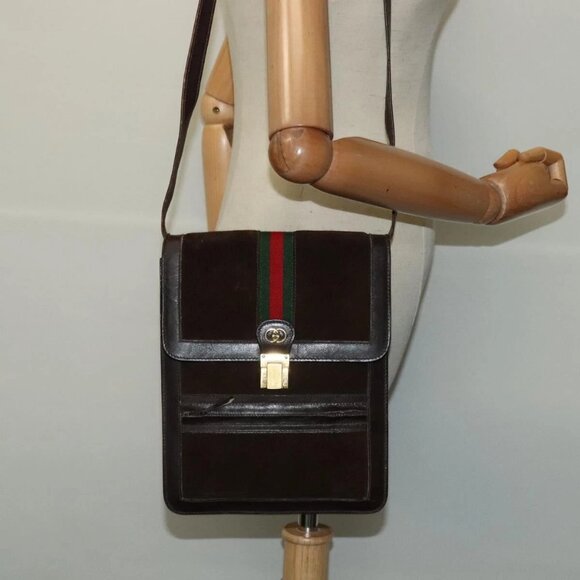 GUCCI Web Sherry Line Shoulder Bag Suede Red Brown Green Auth - Picture 1 of 16